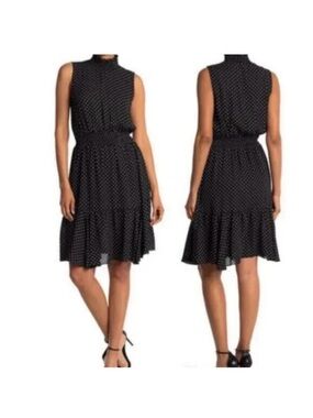Sleeveless Black Polka Dot high neck Ruffle Hem Dress Nanette Lepore